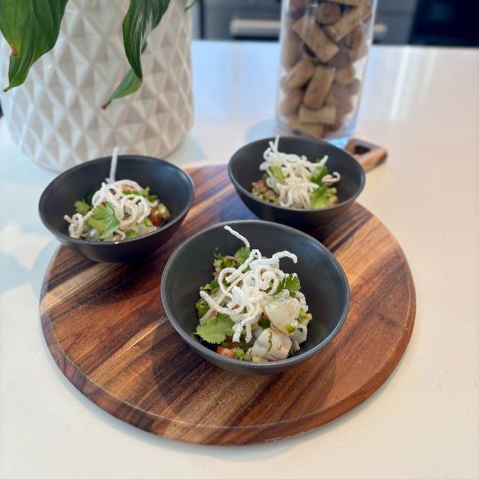 Peruvian shrimp ceviche, lime juice, puffed rice chips, fresh cilantro | 