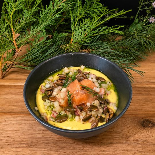 Slow-roasted salmon bites, butternut squash purée, Honeycrisp apple brunoise, toasted pumpkin seeds and dill oil