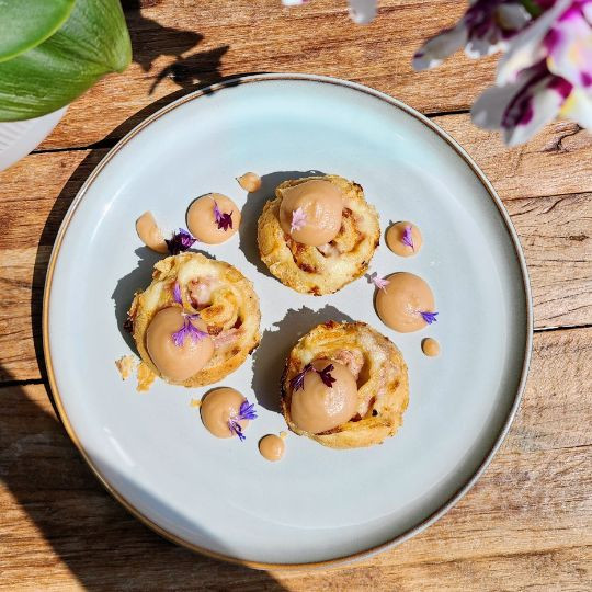 Mascarpone and Swiss cheese puff pastry pinwheels with maple apple butter