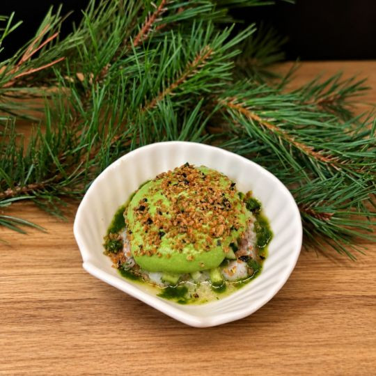 Lime- and dill-marinated bay scallops, wasabi buttermilk foam, crisp cucumber, brown butter and nori panko crumble