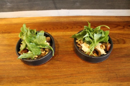Mushrooms with parsley cassolette, smoked diced bacon, pine nuts, fresh goat cheese, arugula with apple cider vinegar |