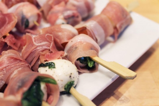Balsamic cantaloupe, basil marinated bocconcini and prosciutto Itlalian skewers