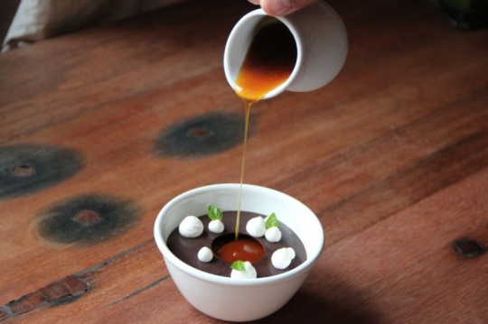 Grandma style chocolate mousse, chocolate bar, salted butter and passion fruit caramel |